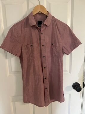 Armani Exchange Men's Short Sleeve Button-Down Red Chambray Shirt